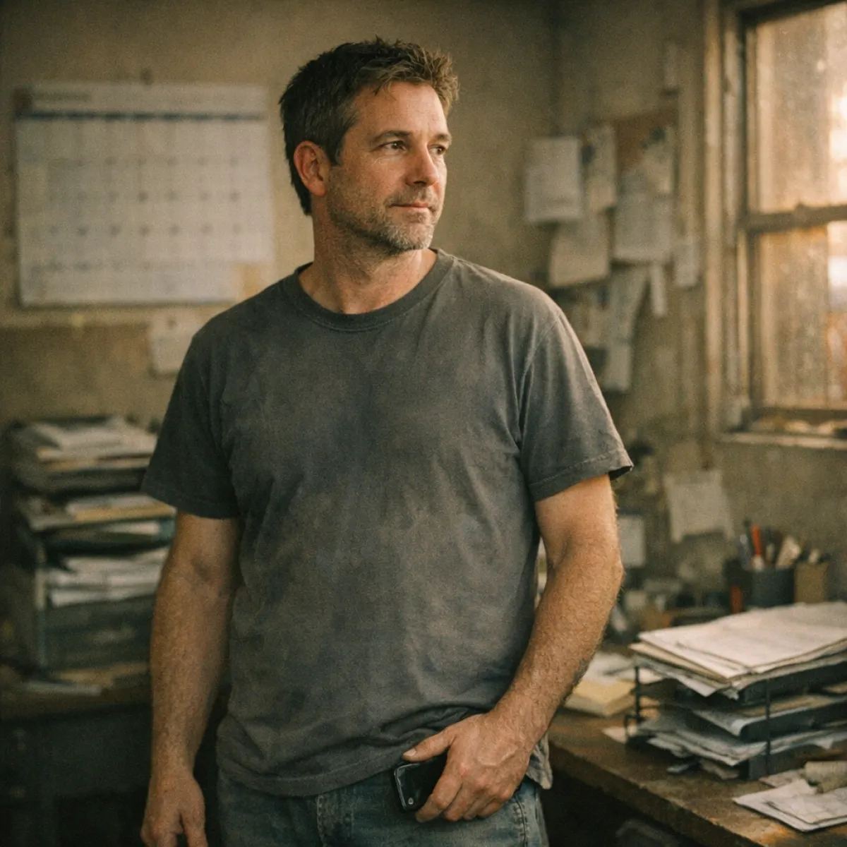 A tradesperson in a back office holding a phone